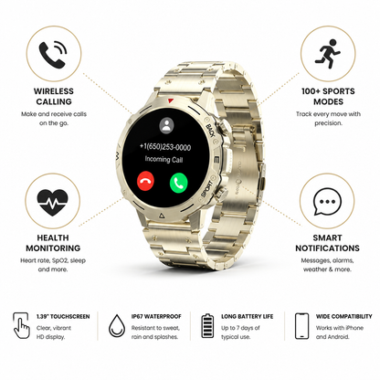 1.39-Inch Touchscreen & Wireless Calling Smartwatch (Gold)
