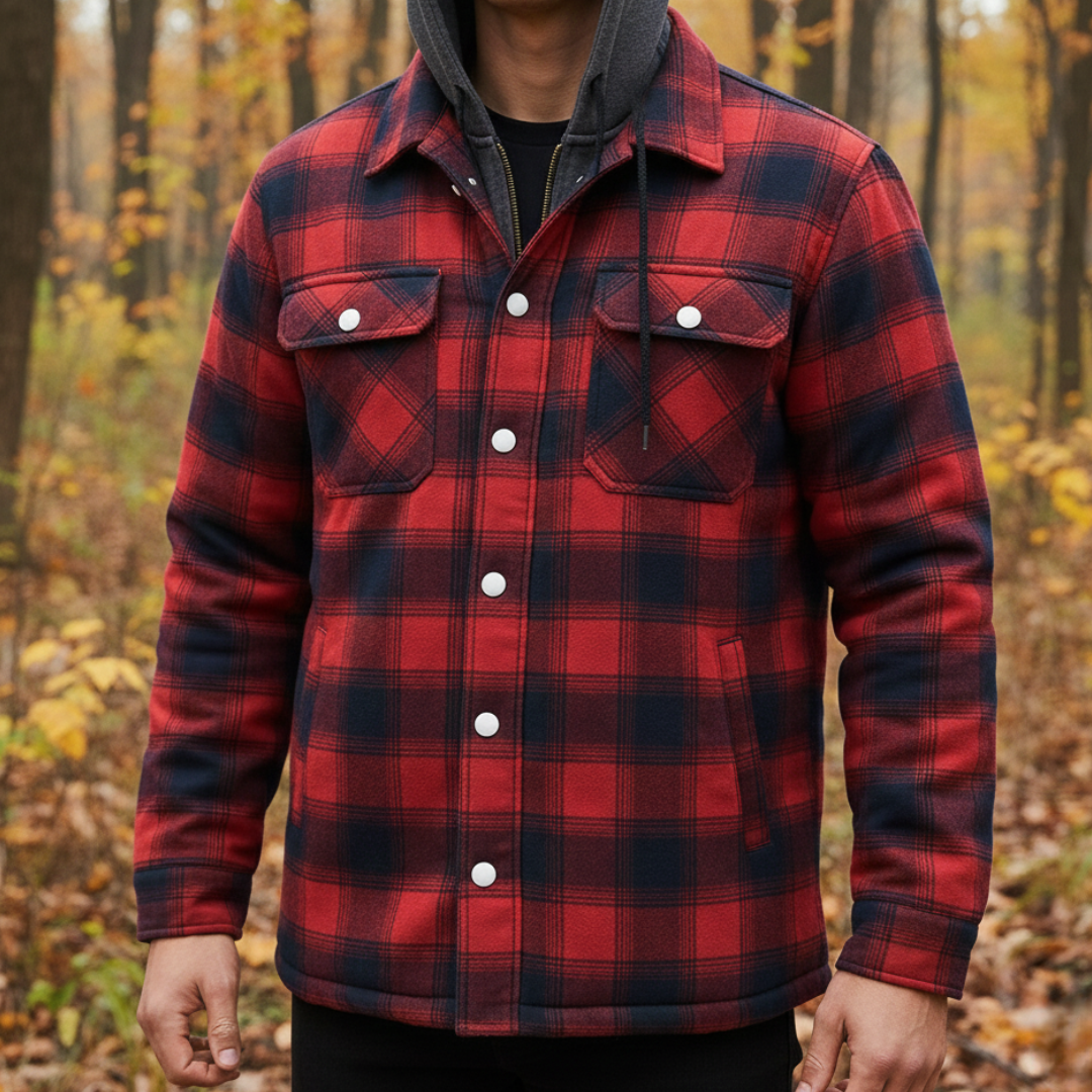 Quilted Plaid Flannel Shirt Jacket with Removable Hood for Men – Warm Cotton Blend Overshirt for Fall Winter