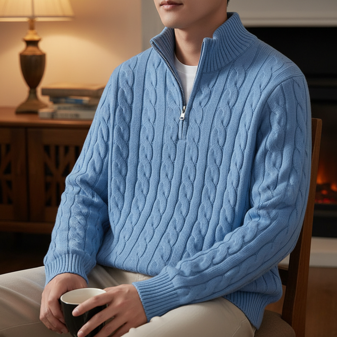 Cable-Knit Quarter-Zip Sweater for Men – 100% Cotton Stand-Collar Pullover for Fall & Winter
