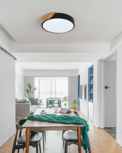 Round Flush Mount Ceiling Light with Wood Accent and Integrated LED – Modern Low Profile Fixture in 9, 12, 16, 20, and 24 inch Sizes for Liv