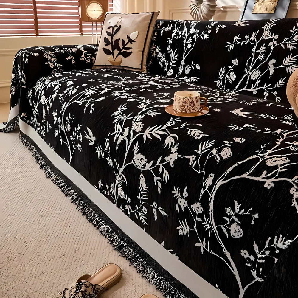 Textured Chenille Sofa Throw Blanket with Tassels – Floral Jacquard Couch Cover for Living Room, Pet-Friendly & Anti-Slip