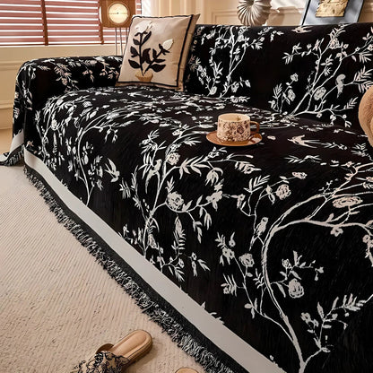 Textured Chenille Sofa Throw Blanket with Tassels – Floral Jacquard Couch Cover for Living Room, Pet-Friendly & Anti-Slip