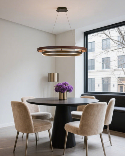 Circular Wood Ring Chandelier with LED Lighting 24-47 Inches Adjustable Height Farmhouse Dining Room Kitchen Island Ceiling Fixture