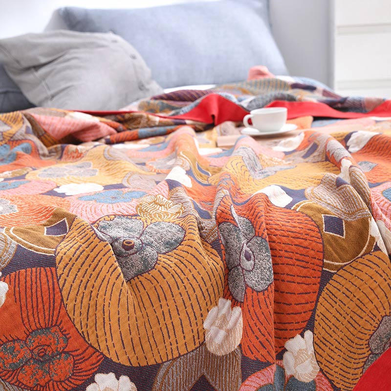 Reversible Cotton Gauze Quilt with Persimmon Pattern - Lightweight Summer Blanket for Bed, Sofa & Travel - Queen, King & Full Sizes