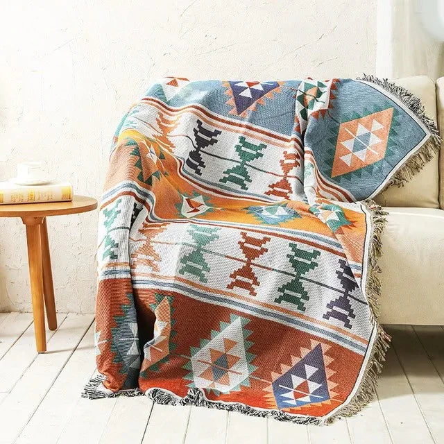 Jacquard Woven Accent Blanket with Fringe for Couch Bed Chair 51x63 in 63x87 in Multicolor Cotton Poly Blend Bohemian Home Decor