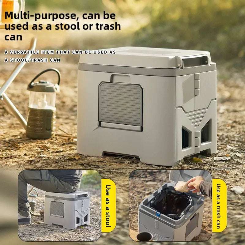 Collapsible Camp Toilet with Built-In Bag Dispenser – Portable Folding Seat for Camping, RV, Boat & Emergency Use – Adjustable Stabilizer