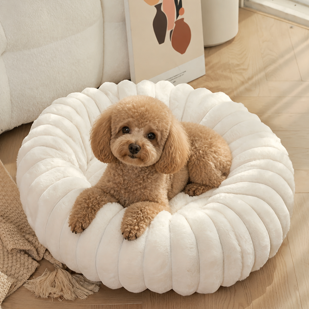 Ortekor Long-Pile Plush & Insulated Round Dog Bed (For Small Dogs & Cats)