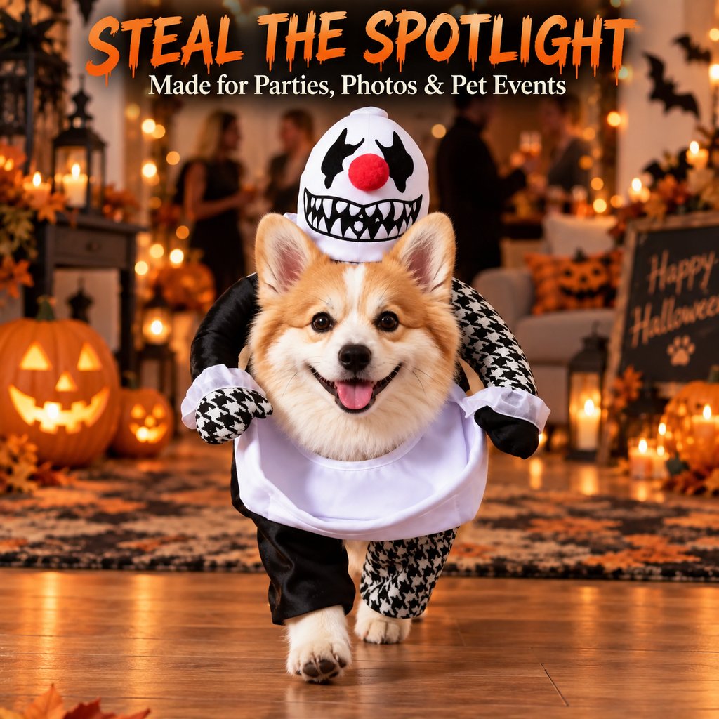 Ortekor Creepy Clown Dog Costume with Fake Arms - Halloween Trick-or-Treat Outfit for a Standout 3D Walking Look