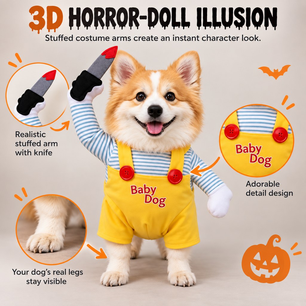 Ortekor Funny Horror Doll Dog Halloween Costume with Faux Knife - 3D Party & Photo Outfit for an Instant Spooky Look