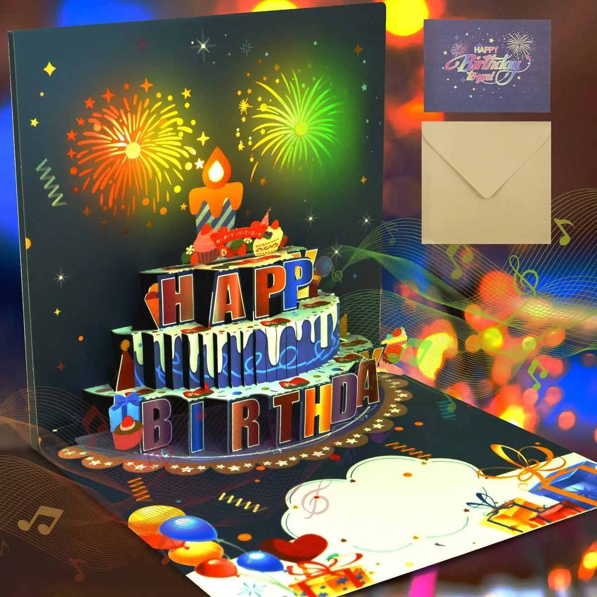 Interactive Musical Birthday Greeting Card with LED Lights & 3D Cake Pop-Up, Sound Effects & Envelope