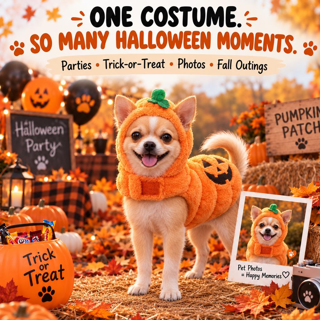 Ortekor 3D Pumpkin Dog Halloween Costume - Plush Jack-O'-Lantern Outfit for Parties, Trick-or-Treat & Photos with Easy Hook-and-Loop Fit