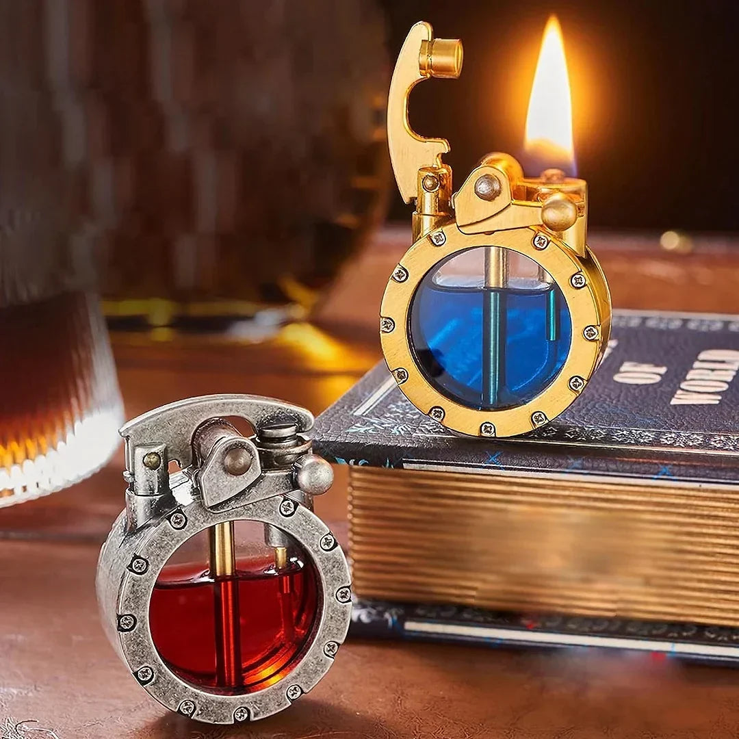 Refillable Fluid Lighter with See-Through Fuel Window – Metal Body, Flip-Top Ignition, Vintage Style for Everyday Carry & Collectors
