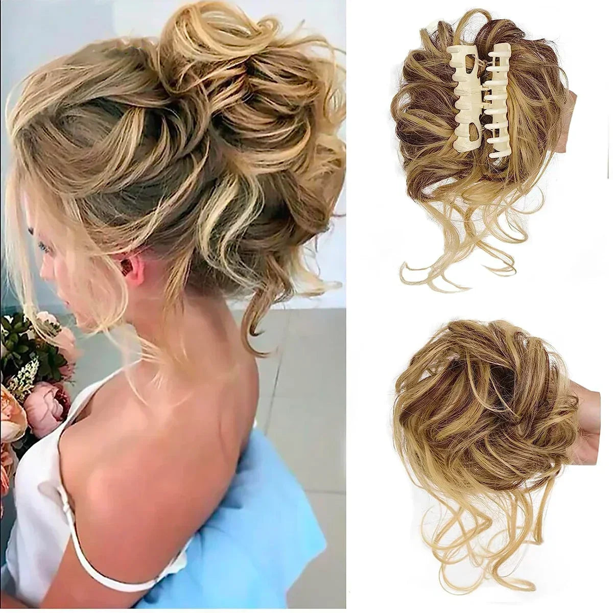 Clip-In Messy Bun Hair Extension with Curly Texture for Women, Synthetic Updo Hairpiece for Everyday & Special Events