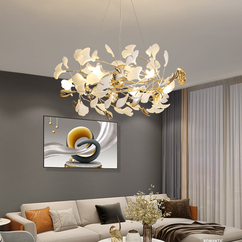 Ceramic Leaf Cluster Pendant Light with Adjustable Cord – Gold Metal Frame Multi-Bulb Chandelier for Dining Room, Living Room & Bedroom