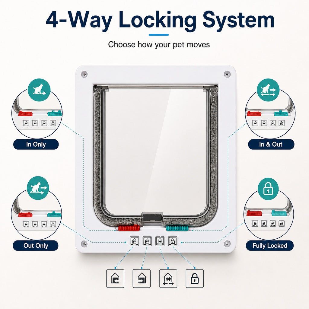 Ortekor 4-Way Locking Cat Door for Interior Doors & Litter Box Cabinets - Let Cats Come and Go Without Scratching