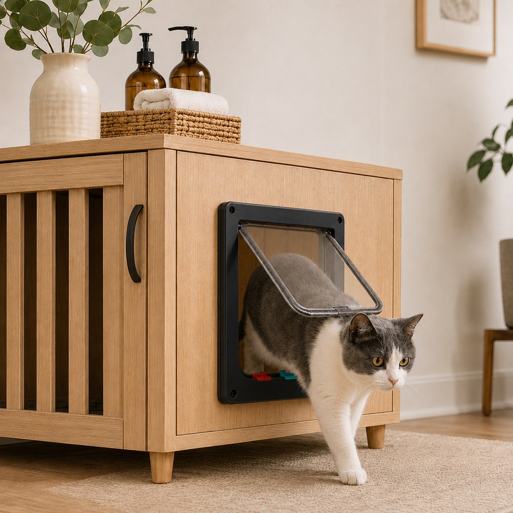 Ortekor 4-Way Locking Cat Door for Interior Doors & Litter Box Cabinets - Let Cats Come and Go Without Scratching