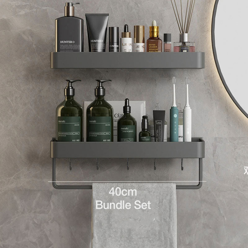 Metal Bathroom Organizer Shelf Gray 12-Inch Shower Caddy Wall-Mount Storage Rack for Shampoo Toiletries & Towels Space-Saving Modern Design