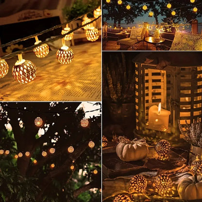 Moroccan Metal Globe String Lights Solar Powered Outdoor Patio Decor 20-30 Warm White LED Orbs Bohemian Weatherproof Garden Balcony