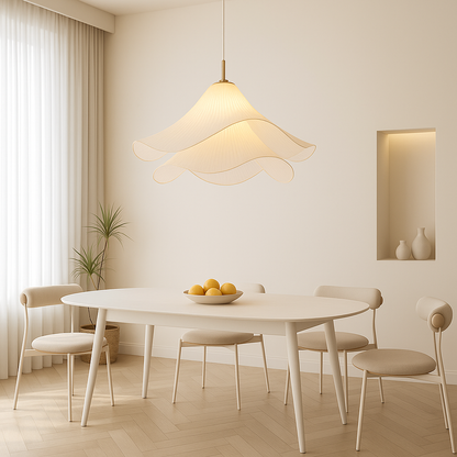 Layered Fabric Hanging Lamp 24 Inch Floral Ceiling Light for Dining Room Living Room Kitchen Modern Minimalist Adjustable Drop Fixture Neutr
