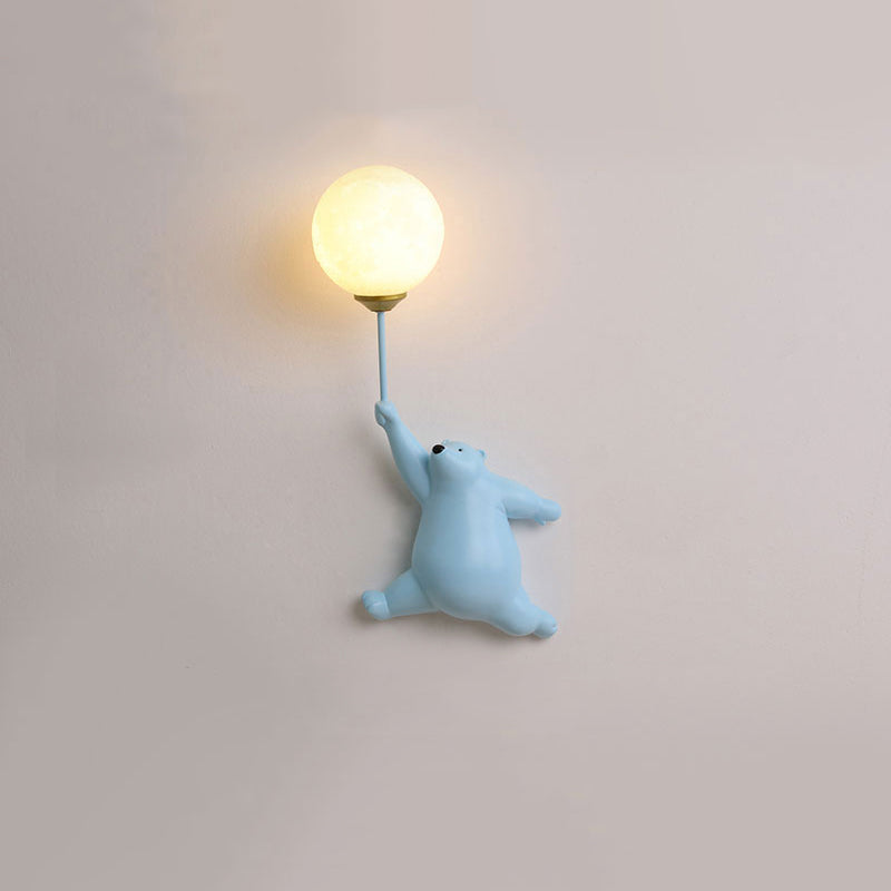 Bear with Balloon Wall Sconce Light for Kids Room Nursery Bedroom Playroom Resin Animal Design Accent Lighting White Blue Pink