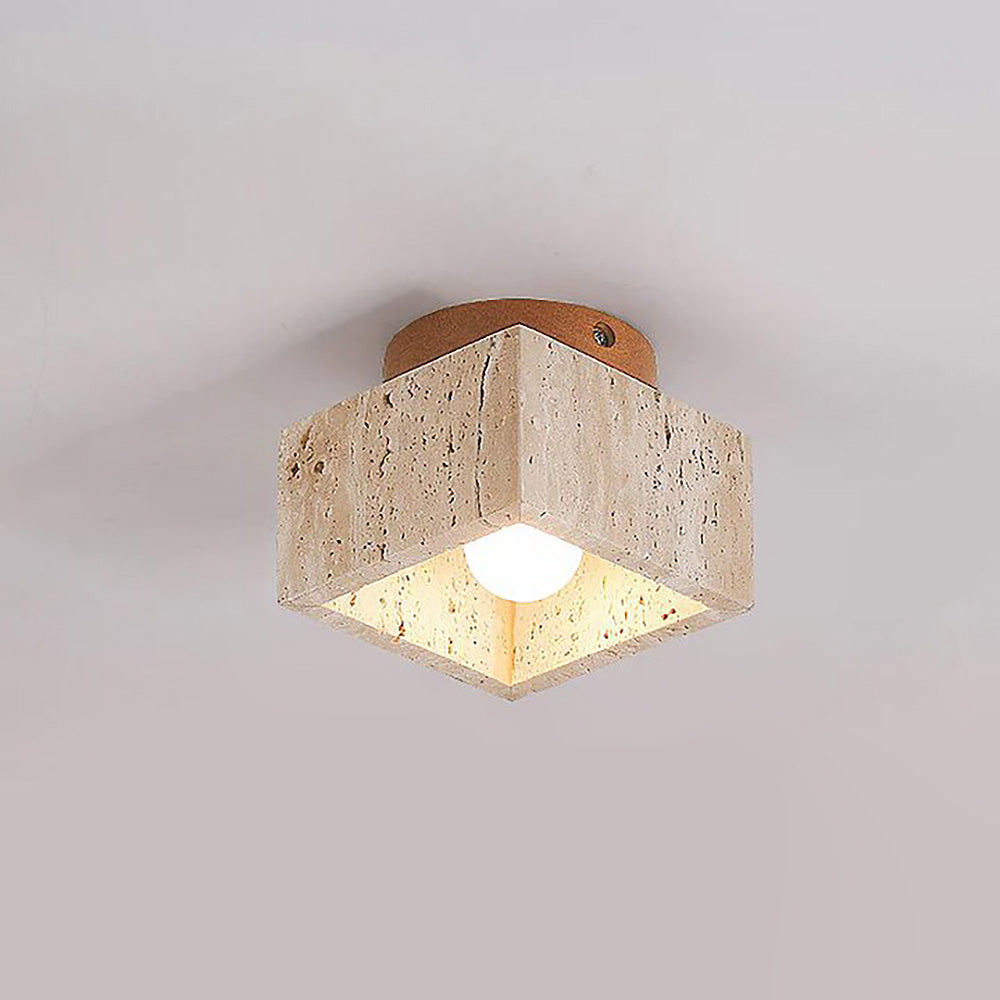 Natural Stone Flush Mount Light with Wooden Accent E26 Base for Bedroom Entryway Living Space Low-Profile Fixture Ambient Overhead Lighting