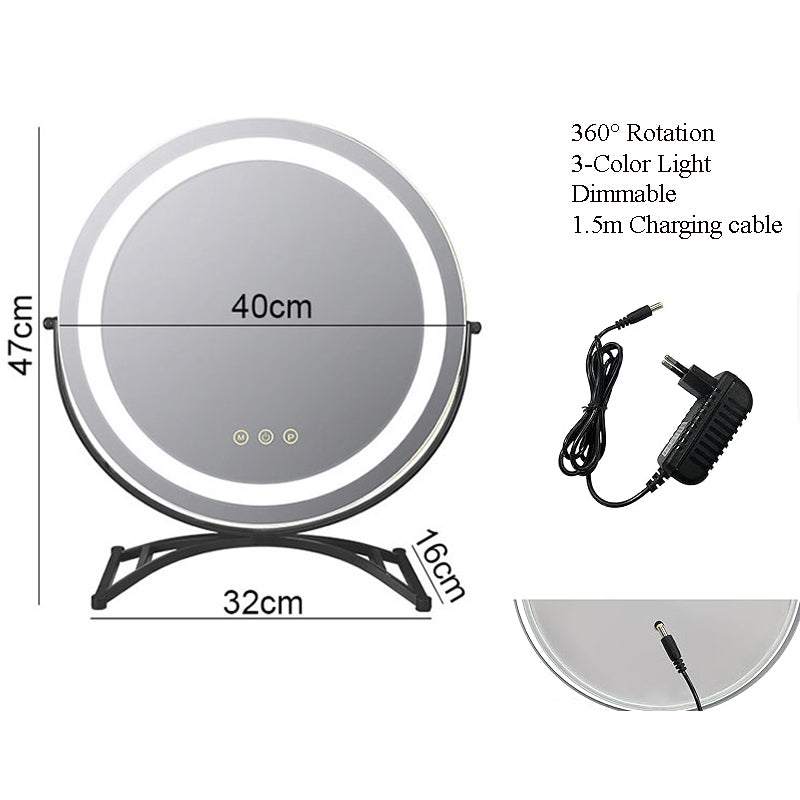 Rechargeable Lighted Vanity Mirror 16 Inch Round Tabletop Mirror with Adjustable LED Brightness Dimmable 360 Rotation for Makeup Skincare Be