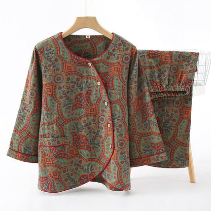 Women's Cotton Pajama Set Round Neck Vintage Jacquard Long Sleeve Loungewear Sleepwear with Side Buttons for Spring Summer Fall