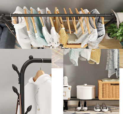 Steel Garment Rack with Shelves & Hooks for Entryway Organization 59 in H × 43 in W Freestanding Clothes Rail Multi-Level Storage for Jacket