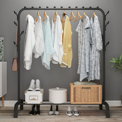 Steel Garment Rack with Shelves & Hooks for Entryway Organization 59 in H × 43 in W Freestanding Clothes Rail Multi-Level Storage for Jacket