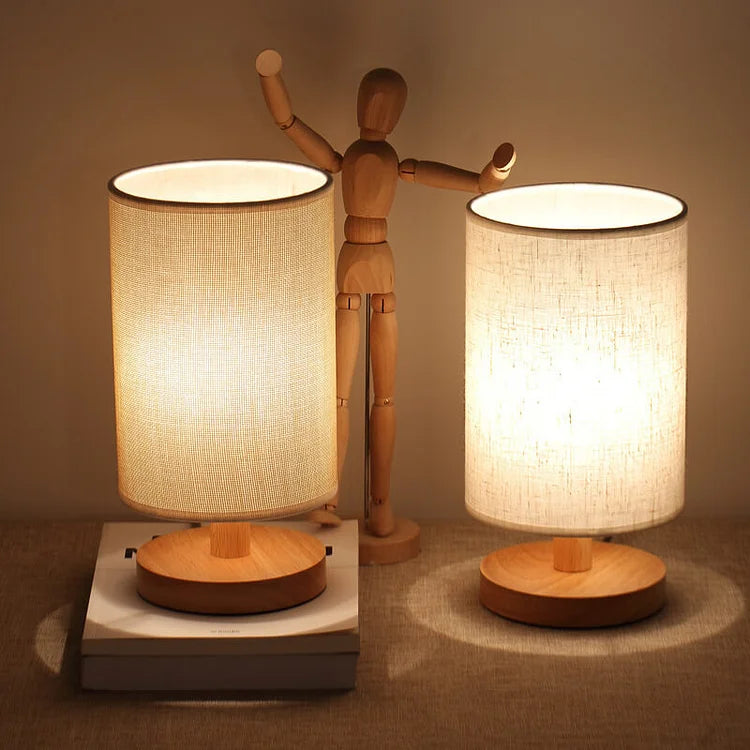 Natural Wood & Linen Table Lamp with Remote Control – Dimmable LED Touch Lamp for Bedroom, Nightstand, Desk – Minimalist Scandinavian