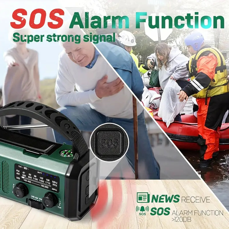 Emergency Hand Crank Weather Radio with 10000mAh Power Bank, Solar Charging, LED Flashlight, SOS Alarm for Camping Hiking Storms Blackouts
