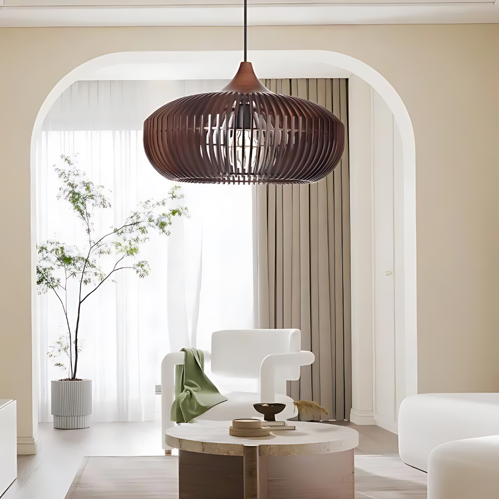 Wood Slat Ceiling Fixture Round Natural 17-Inch Japandi Style Above Table Island Ambient Hanging Light for Dining Kitchen Living Room