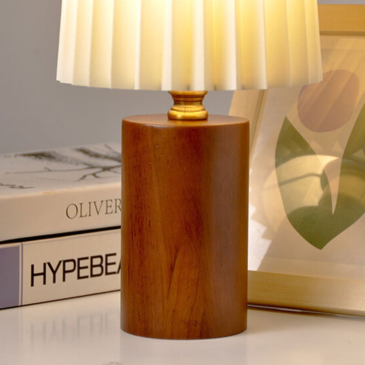 Pleated Fabric Accent Lamp with Cylindrical Wooden Base – Bedside Reading Light for Bedroom & Living Room
