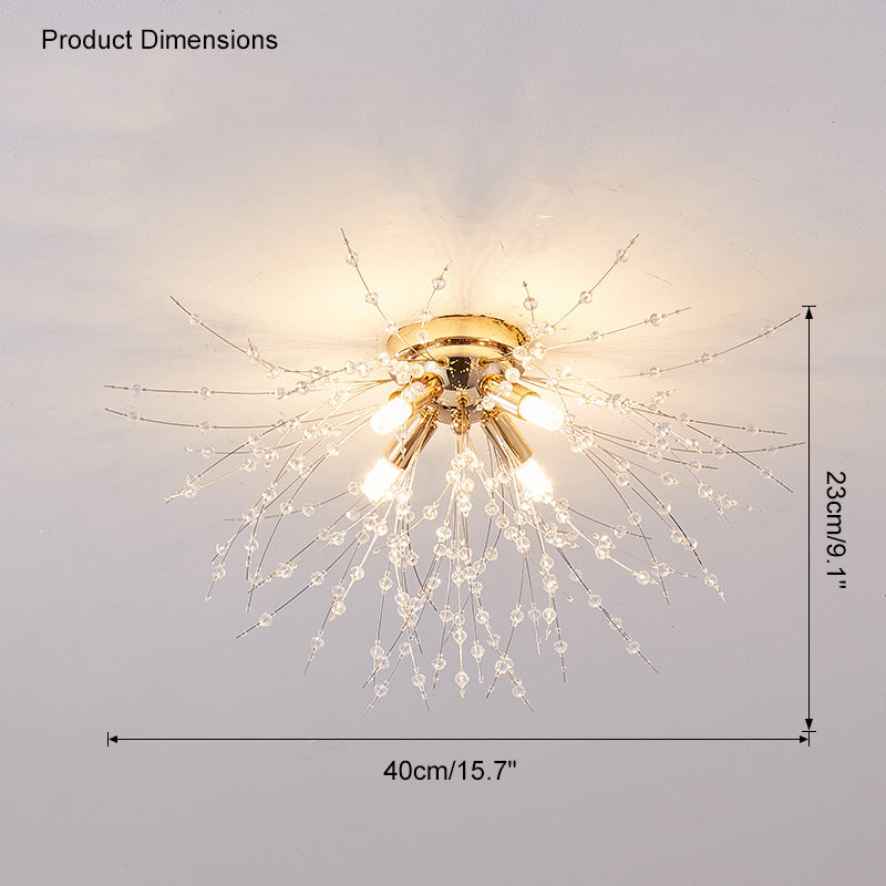 Flush Mount Ceiling Light with Crystal Dandelion Design – 16 in Gold & Silver Fixture for Bedroom, Hallway, Bathroom