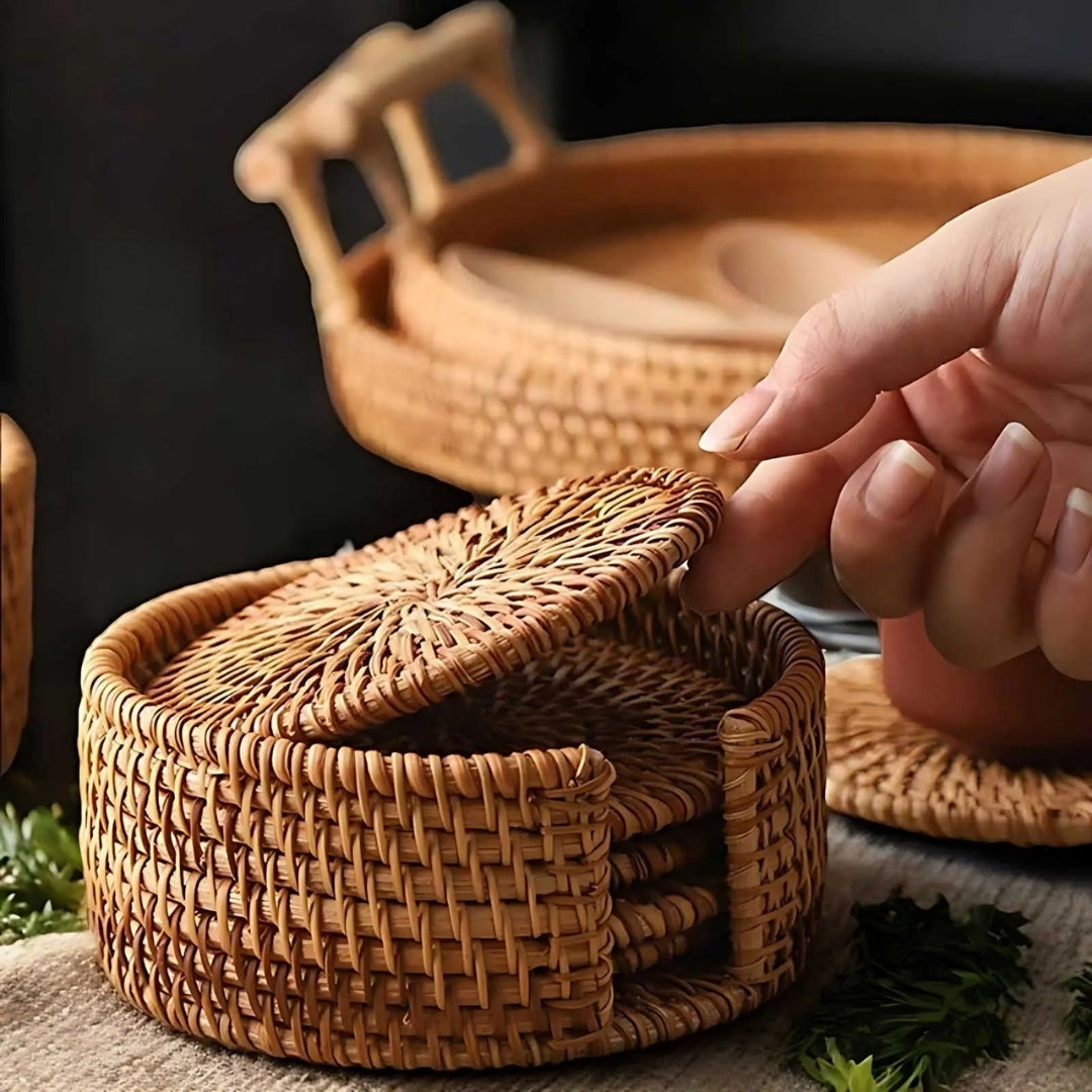 Woven Drink Coaster Set with Storage Holder – Natural Bamboo Finish for Hot & Cold Beverages, Coffee Table Protection