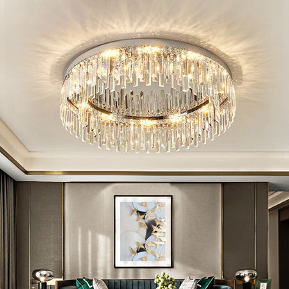 Flush Mount LED Chandelier with Crystal Accents – Chrome Stainless Steel Round Fixture for Bedroom, Dining Room, Kitchen & Hotel – Dimmable
