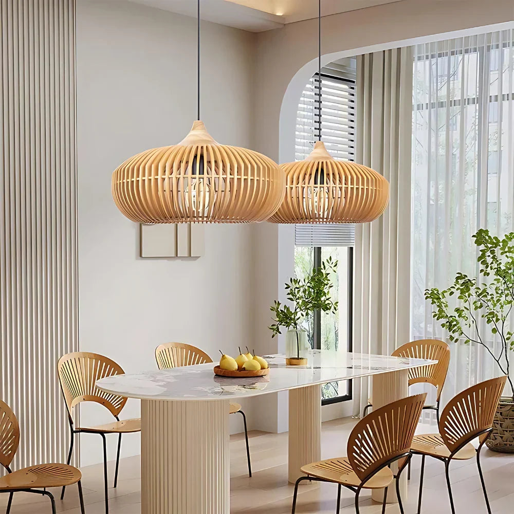 Wood Slat Ceiling Fixture Round Natural 17-Inch Japandi Style Above Table Island Ambient Hanging Light for Dining Kitchen Living Room