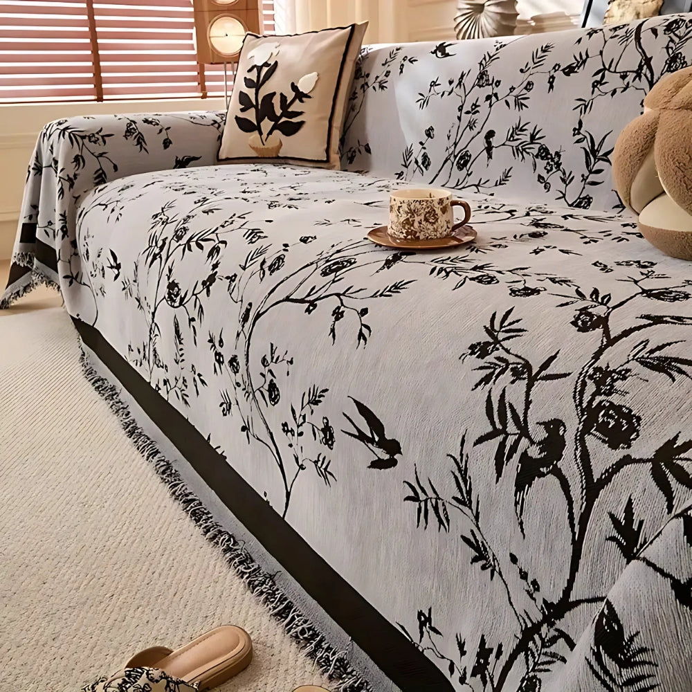 Textured Chenille Sofa Throw Blanket with Tassels – Floral Jacquard Couch Cover for Living Room, Pet-Friendly & Anti-Slip