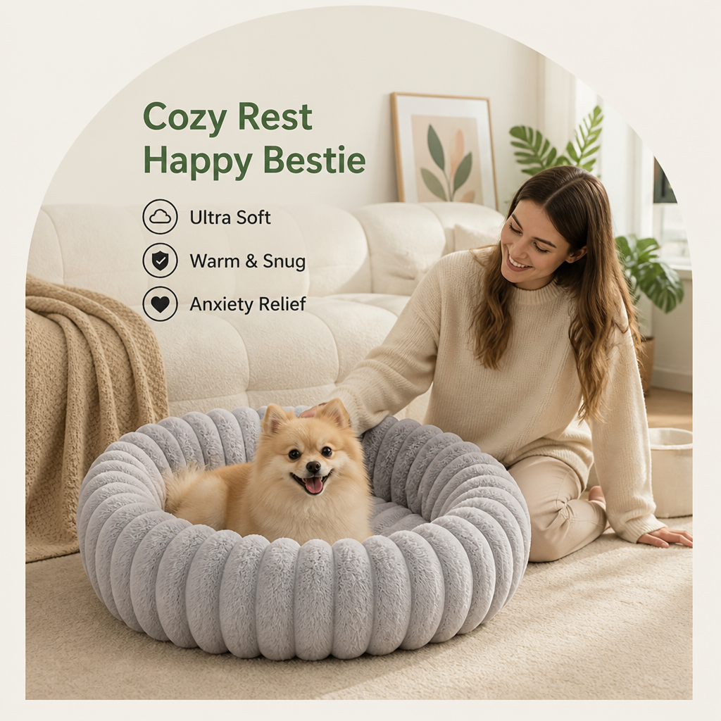 Ortekor Long-Pile Plush & Insulated Round Dog Bed (For Small Dogs & Cats)