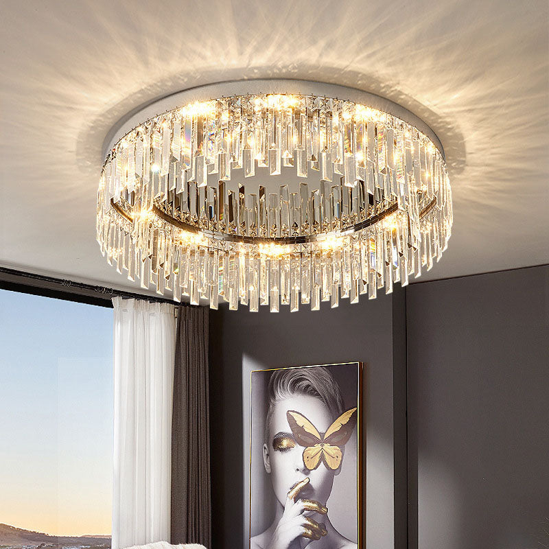 Flush Mount LED Chandelier with Crystal Accents – Chrome Stainless Steel Round Fixture for Bedroom, Dining Room, Kitchen & Hotel – Dimmable