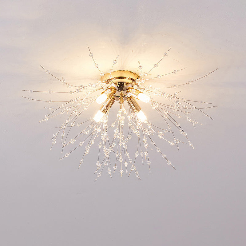Flush Mount Ceiling Light with Crystal Dandelion Design – 16 in Gold & Silver Fixture for Bedroom, Hallway, Bathroom