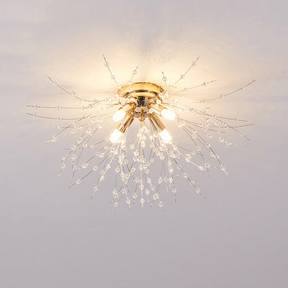 Flush Mount Ceiling Light with Crystal Dandelion Design – 16 in Gold & Silver Fixture for Bedroom, Hallway, Bathroom