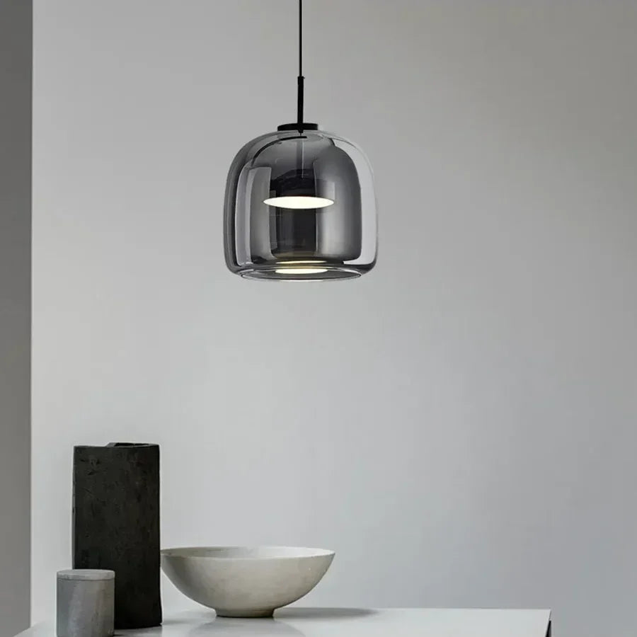 Glass Drop Ceiling Fixture 40 in Adjustable Height Cognac Smoke Gray Over Island Dining Table Modern Nordic Minimalist Hanging Lamp Bedroom