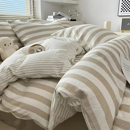 Striped Linen Bed Set King Queen Double Twin Hotel Quality Comforter Cover Fitted Sheet Pillowcases Neutral Bedroom Essentials for Modern &