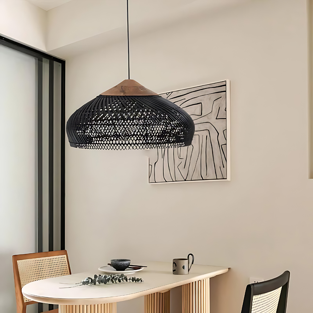 Woven Bamboo Hanging Light 24 Inch Natural Shade Adjustable Cord E26 Socket Boho Farmhouse Ceiling Fixture for Dining Room Kitchen Island Li