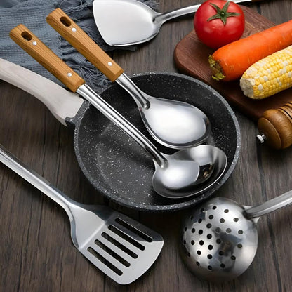 5-Piece Cooking Utensil Set with Wood Handles - Stainless Steel Serving Spoons Spatula Ladle for Nonstick Pans