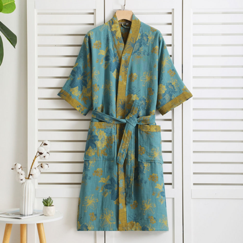 Cotton Gauze Robe with Vintage Print – Lightweight Breathable Loungewear for Women | Soft Double-Layer Spa Robe for Home Relaxation