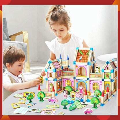 Wooden Modular Dollhouse Construction Set – Creative Building Activity for Kids Age 2+ with Architectural Pieces, Doors & Windows