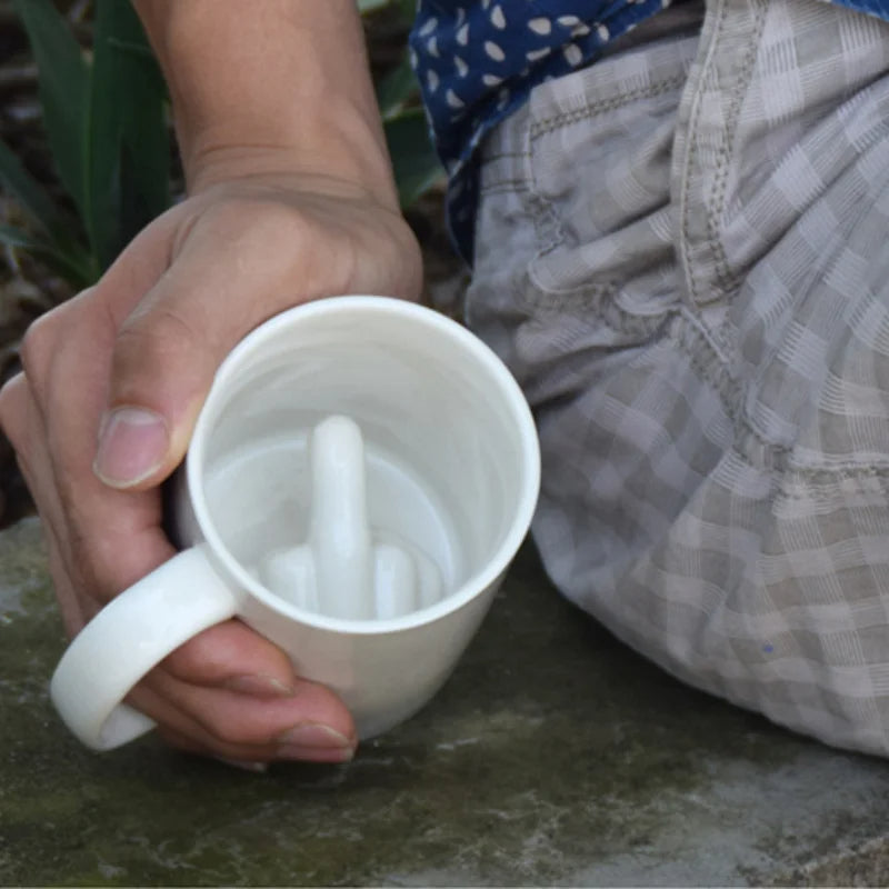 Novelty Coffee Mug with Raised Finger Handle White Ceramic 12 oz for Home Office Kitchen