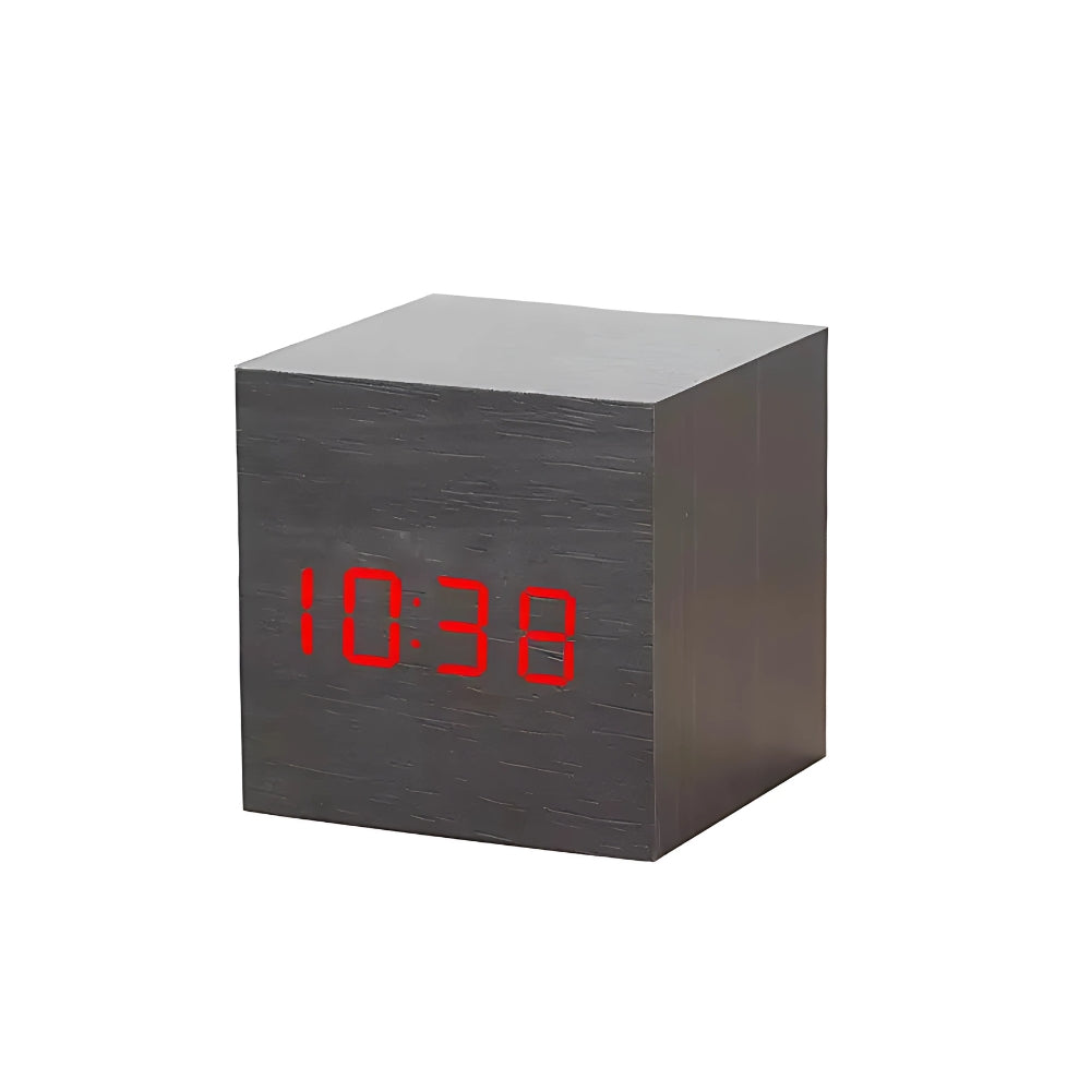 Wooden LED Cube Alarm Clock with Temperature Display and USB Power for Bedroom Nightstand Desk Office